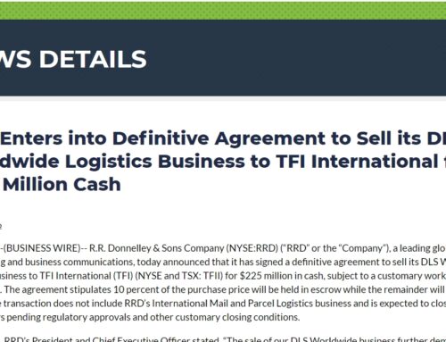 RRD Enters into Definitive Agreement to Sell its DLS Worldwide Logistics Business to TFI International